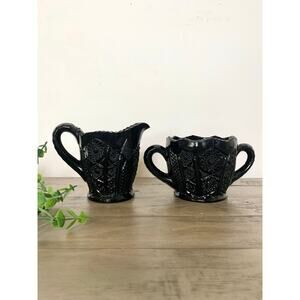 Vintage Tiara Indiana Glass Black Daisy Monarch Creamer and Sugar Set Barware